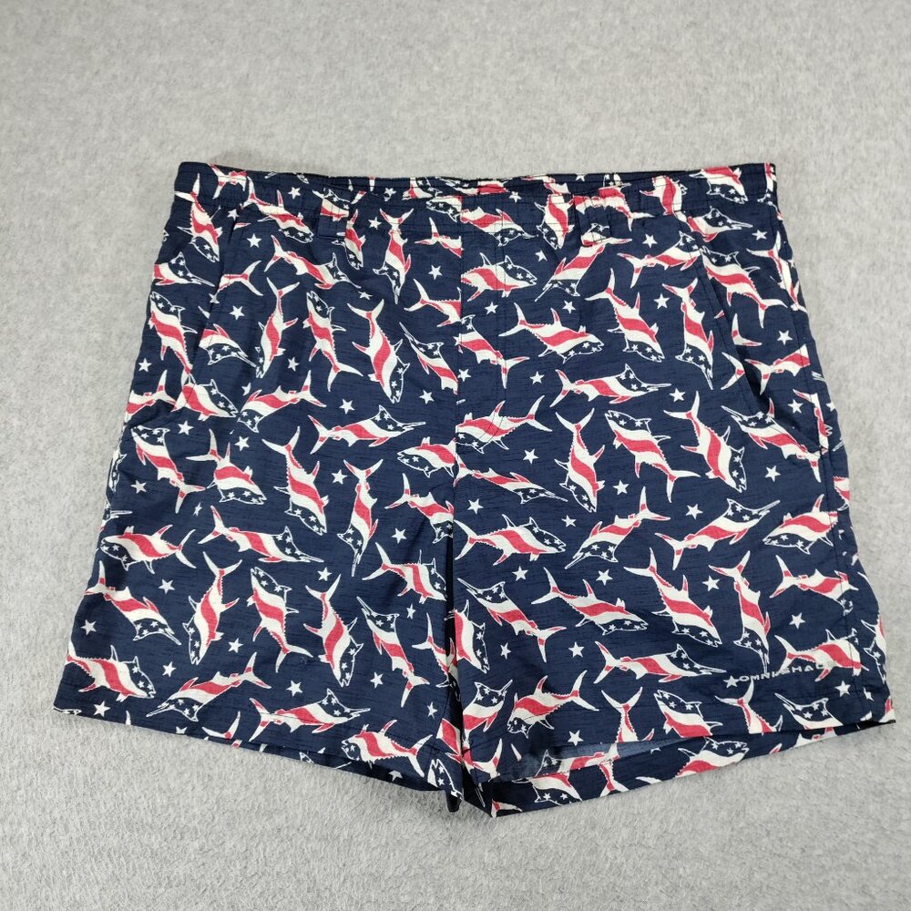 Columbia PFG Swim Trunk Mens Small 6in Patriotic Shark Print Mesh Liner Fishing